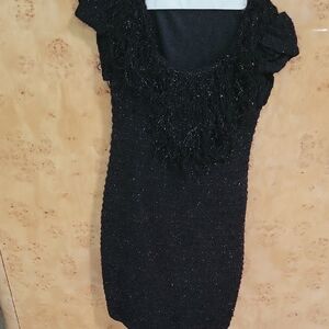 Elegant Black Mini Dress with Fringe Accents